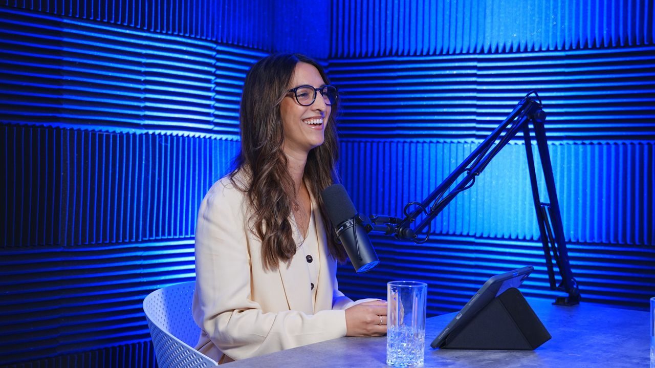 Carmen Taubman, Crew founder, in conversation in a Dubai podcast studio